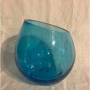 LSA Intl Peacock Blue Blown Glass Vase With Slanted Rim Made in Poland